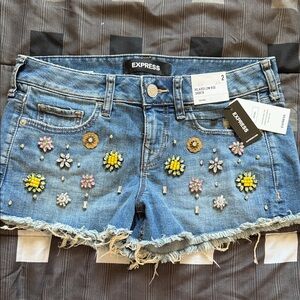Express Beaded Flower Embellished Blue Denim Shorts
